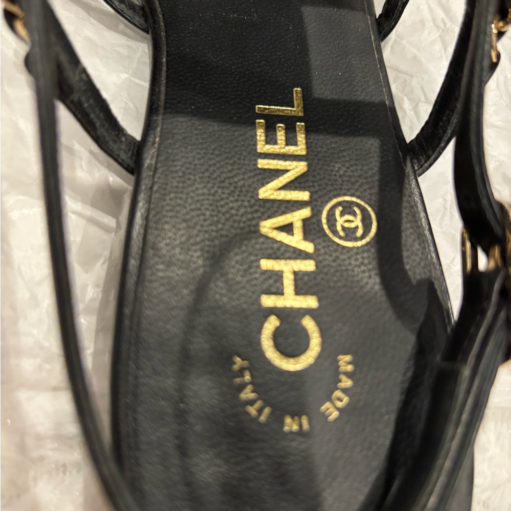 Chanel Black Leather Sandals with Gold Chains-Size 37C - Picture 9 of 12